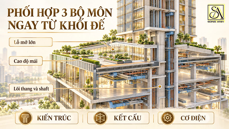 Mô hình phối hợp kiến trúc, kết cấu và MEP tại podium với các vị trí lỗ mở, cao độ mái và lõi thang.